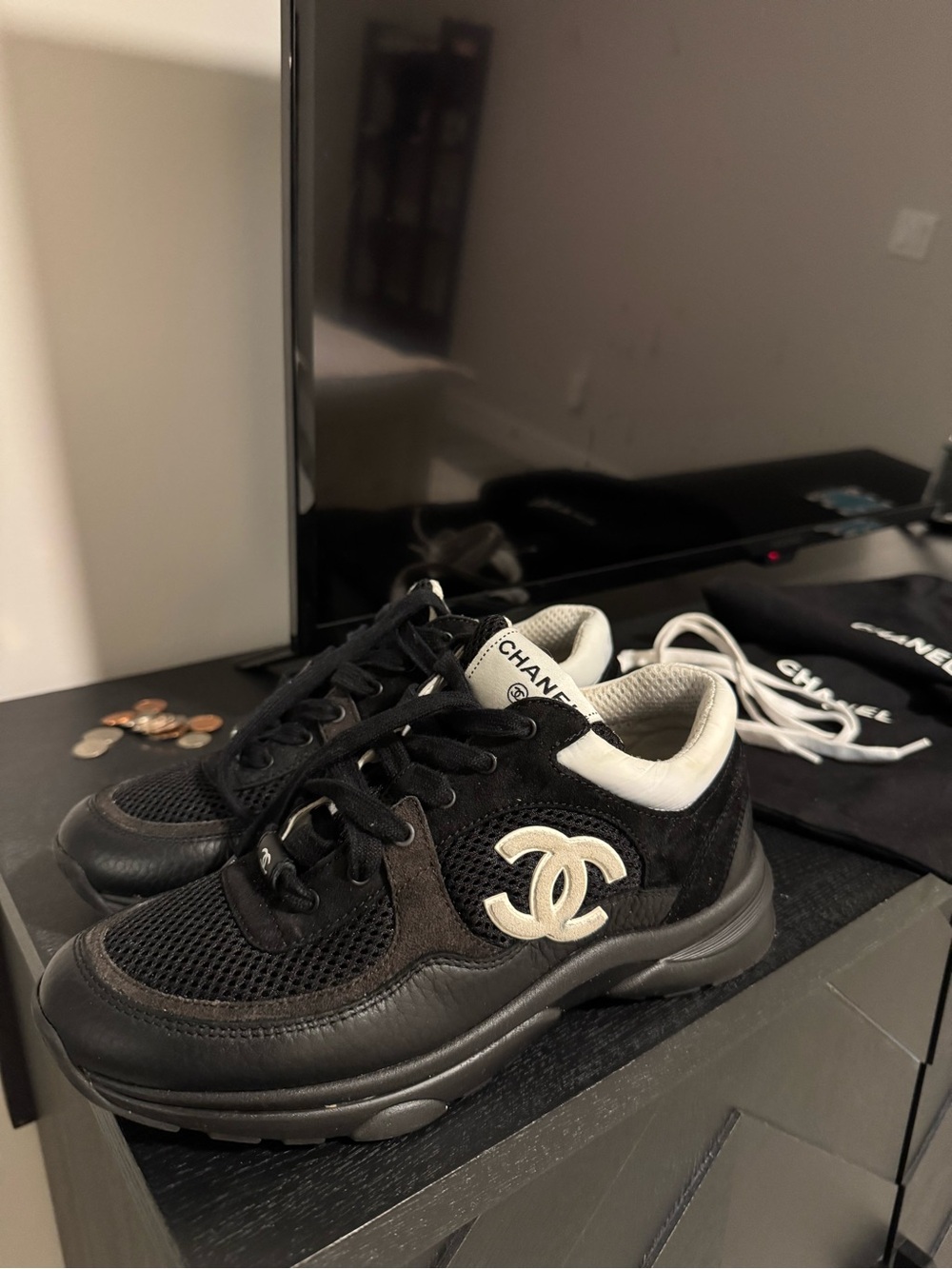 CHANEL Black and White CC Logo Mesh & Leather Sneakers